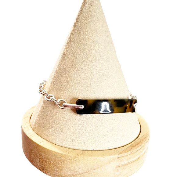 Lauren Ralph Lauren Tortoise Shell Silver Tone ID Style Bracelet - Picture 4 of 5